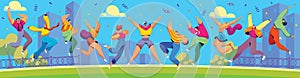 Happy people jumping in city, cartoon characters celebrating together, vector illustration