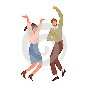 Happy people jumping and dancing from joy and happiness. Couple of positive energetic office workers celebrating success