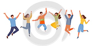 Happy people jumping set. Young funny teens guy, girl jumping together for joy joyful celebration victory team of