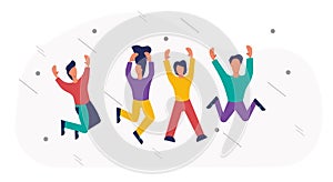 Happy people jumping vector illustration fun background. Young people woman and man jump celebration party active. Action crowd