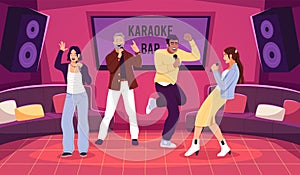 Happy people in karaoke club. Group of friends sing into microphones, vocal battle in bar, amateurs singers music party