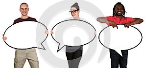 Happy people man woman holding empty speech bubbles with copyspace isolated photo