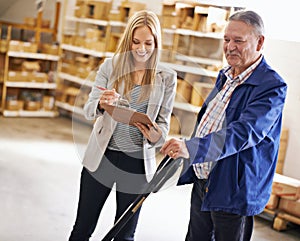 Happy people, manager and clipboard for inventory management in warehouse, distribution and logistic industry. Checklist