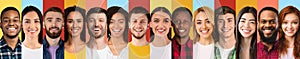 Happy People. Multiple Portraits Of Cheerful Men And Women Over Colorful Backgrounds