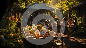 Happy People Outdoor Dinner Party In Garden