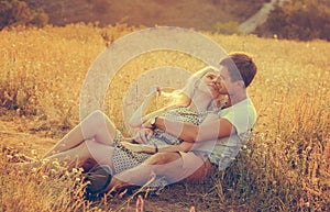 Happy people outdoors beautiful landscape and couple in love wit