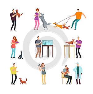 Happy people pet owner. Man, women and family training and playing with pets vector cartoon characters