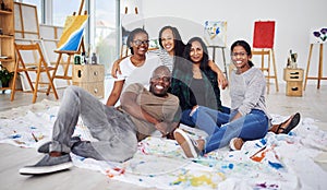 Happy, people and portrait together in art studio for community, support and collaboration. Smiling, team or creatives photo