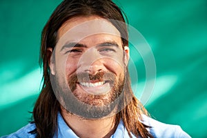 Happy People Portrait Young Latino Man With Beard Smiling