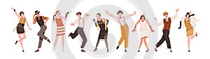 Happy people in retro-styled clothes dancing to funny music at Gatsby party of 20s. Set of stylish cheerful Broadway