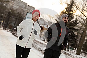 Happy people running in park. Outdoors sports exercises