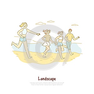 Happy people running on sea shore, friends travel to sand beach, landscape tourism, family vacation banner