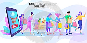 Happy people with shopping online stay home