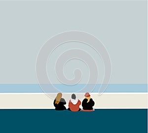 Happy people sits on background of empty beach during their vacation in an idyllic nature scene destination.