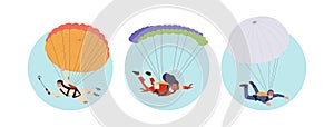 Happy people skydivers cartoon character isolated round composition set for parachuting sport club