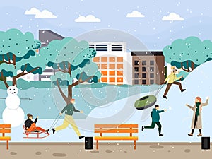 Happy people sledding, playing snowballs in city park, vector illustration. Winter fun, outdoor activities.