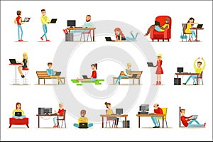 Happy People Spending Their Time Using Computer Set Of Vector Illustrations With Men And Women Using Modern Technology