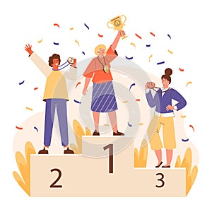 Happy people standing on winners pedestal or podium, flat vector illustration isolated on white background.