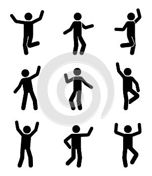 Happy people stick figure icon set. Man in different poses celebrating pictogram. photo