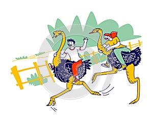 Happy People Tourists Spend Holidays in Thailand or Indonesia. Characters Riding on Ostriches on Farm Zoo