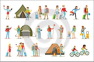 Happy People Traveling And Having Camping Trips Set Of Flat Cartoon Tourists Characters