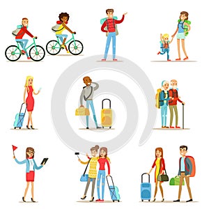 Happy People Traveling And Having Camping Trips Set Of Flat Cartoon Tourists Characters