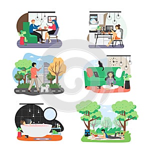 Happy people using mobile phones, flat vector illustration. Social media and smart phone addiction.