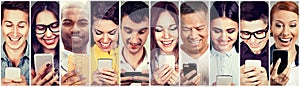 Happy people using mobile smart phone photo