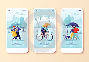 Happy people walking in autumn rain, concept for website or web page.