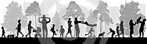 Happy people walking in park, silhouettes. Vector illustration