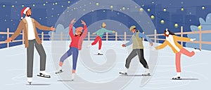 Happy People Wearing Warm Clothes Skating on Frozen Pond. Skaters on Ice Rink Engaged Winter Activities and Sports
