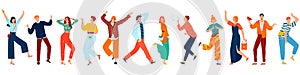 Happy people, young joyful laughing men and women dancing, jumping with raised hands isolated set of flat vector
