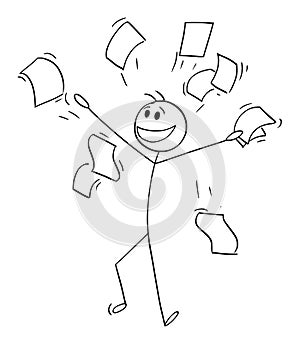 Happy Person or Businessman Smiling and Throwing Papers in Air , Vector Cartoon Stick Figure Illustration