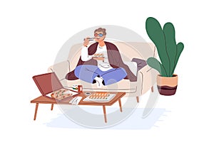 Happy person eating takeaway food, watching movie alone at home. Man relaxing on sofa with pizza and sushi, enjoying