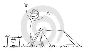 Happy Person Enjoying Morning Near Tent in Nature , Vector Cartoon Stick Figure Illustration