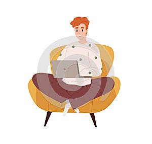 Happy person with laptop computer, sitting in armchair. Freelance worker at online remote work. Freelancer working