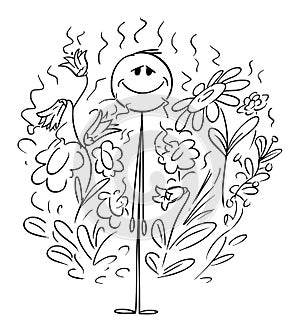 Happy Person Smelling Flowers , Vector Cartoon Stick Figure Illustration