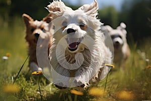 Happy pet dogs frolic in the grass