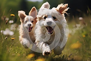 Happy pet dogs frolic in the grass