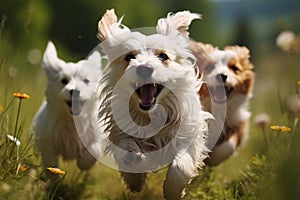 Happy pet dogs frolic in the grass