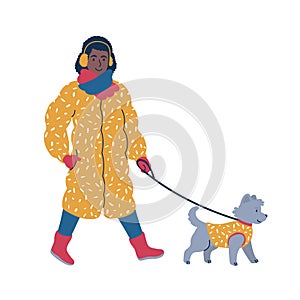 Happy pet owner walking a dog on a leash in winter time. Isolated vector illustration.