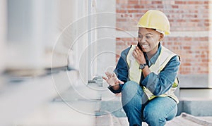 Happy phone call, air conditioner or maintenance black woman chat about HVAC machine, heat pump or aircon inspection