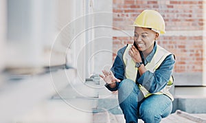 Happy phone call, air conditioner or maintenance black woman chat about HVAC machine, heat pump or aircon inspection photo