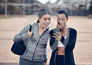 Happy, phone and friends laughing at a funny online joke after a workout in a city together, cheerful, humour and