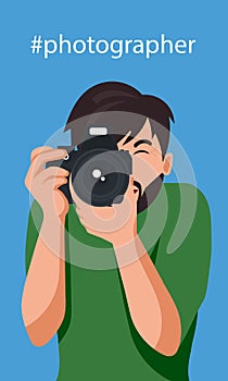 Happy photographer is taking a photo. Hashtag photographer concept. Flat vector illustration