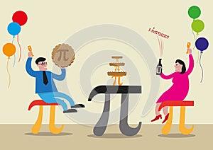 Happy Pi Day concept. People are celebrating with Pi Greek Letter symbol made as chairs, food and tables. Editable Clip Art.