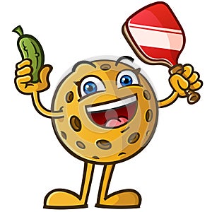 Happy Pickleball cartoon mascot holding a pickle and a paddle ready for a rousing game on the court