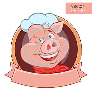 Happy Pig Chef Head Cartoon Vector Illustration. Logo On A White Background