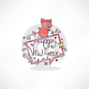 Happy Pig, Chinese New Year Symbol, vector image of cartoon doodle pig and lettering composition