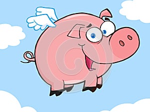 Happy pig flying in a sky